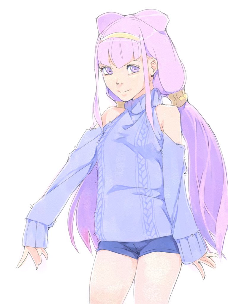 akinbo_(hyouka_fuyou) bangs blue_shorts blue_sweater cowboy_shot floating_hair hair_ornament hairband hugtto!_precure long_hair long_sleeves looking_at_viewer pink_eyes pink_hair precure ruru_amour short_shorts shorts shoulder_cutout simple_background smile solo standing sweater turtleneck turtleneck_sweater twintails very_long_hair white_background yellow_hairband