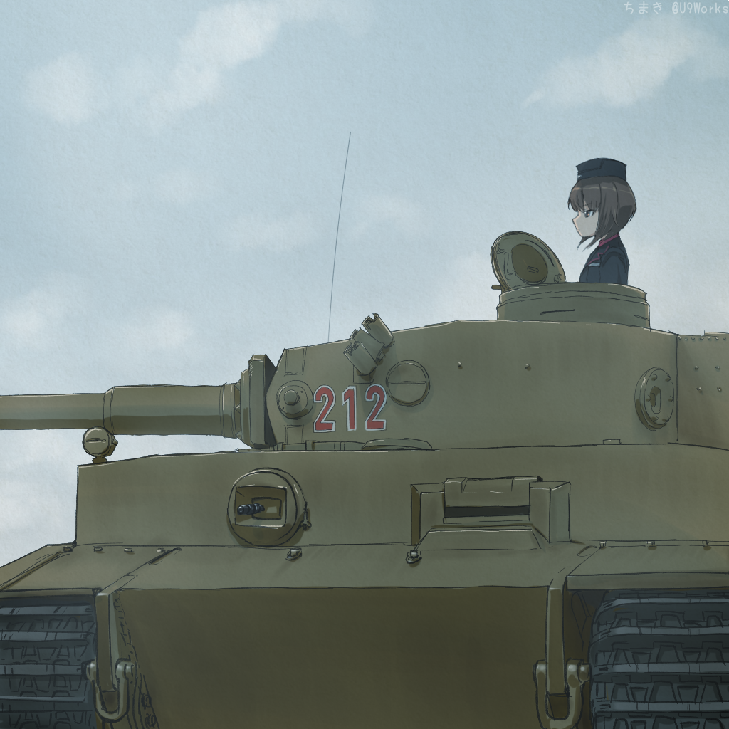 akagi_(fmttps) artist_name bangs black_hat black_jacket brown_eyes brown_hair closed_mouth cloud cloudy_sky commentary day from_side garrison_cap girls_und_panzer ground_vehicle hat jacket kuromorimine_military_uniform light_frown military military_hat military_uniform military_vehicle motor_vehicle nishizumi_maho outdoors short_hair sky solo tank tank_focus tiger_i twitter_username uniform