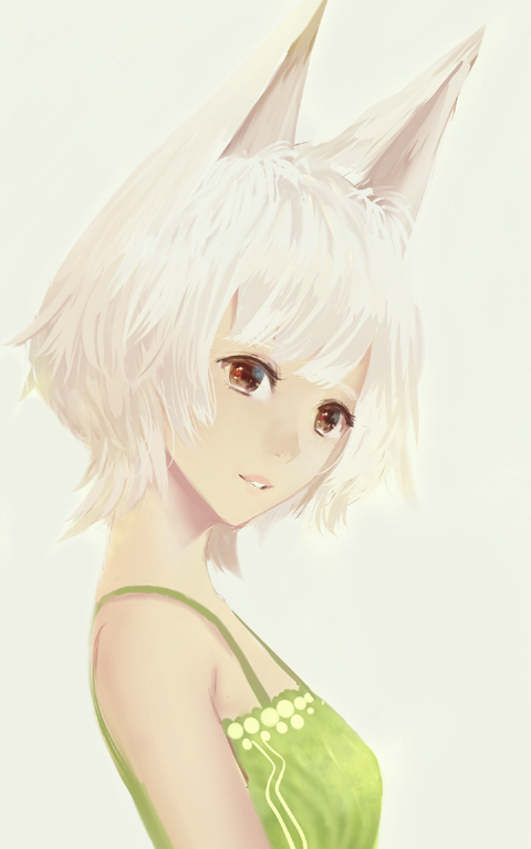 animal_ears breasts fox_ears from_side green_shirt head_tilt lips looking_at_viewer looking_to_the_side open_mouth original sakimori_(hououbds) shirt short_hair simple_background small_breasts smile solo tank_top upper_body white_background white_hair