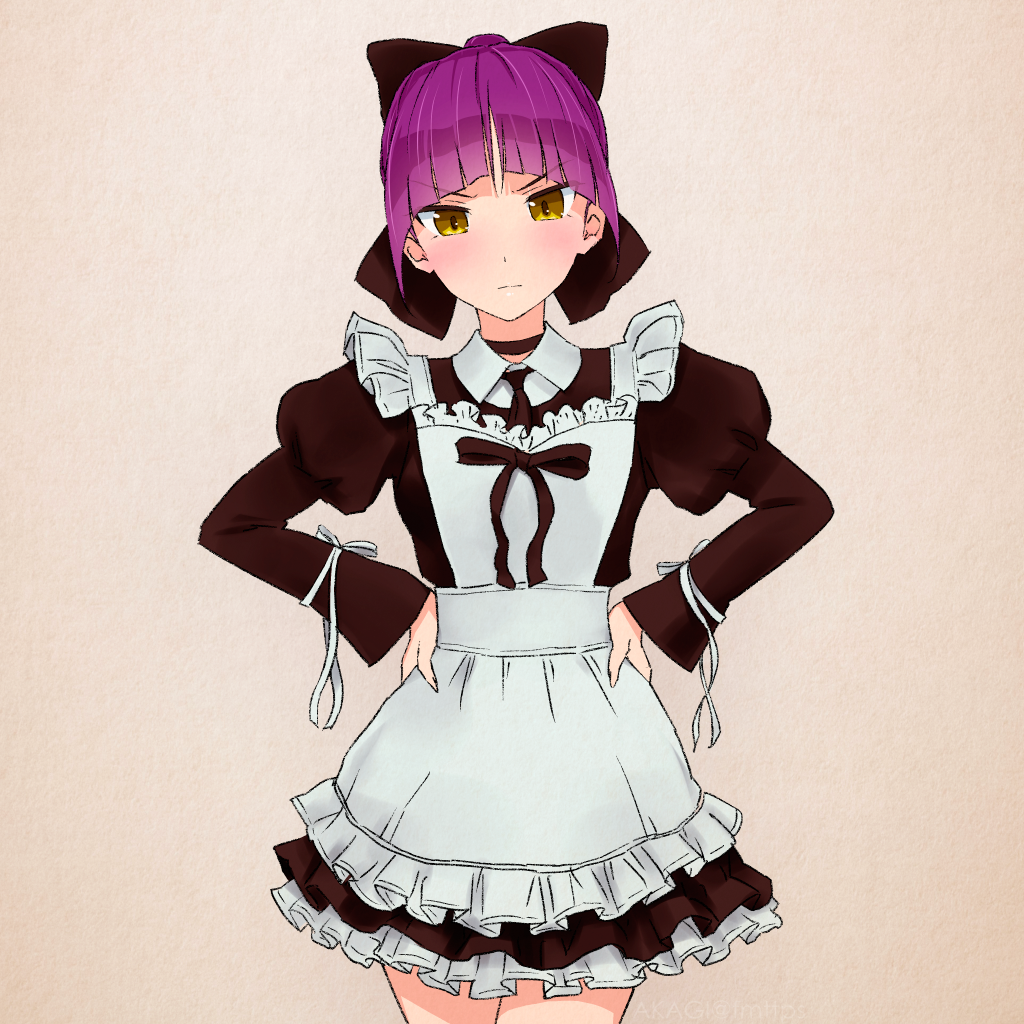 akagi_(fmttps) alternate_costume apron artist_name ascot bangs black_bow black_choker black_neckwear blush bow brown_background cat_girl choker closed_mouth collared_dress commentary dress enmaided eyebrows_visible_through_hair frilled_apron frilled_dress frills frown gegege_no_kitarou hair_bow hands_on_hips juliet_sleeves long_sleeves looking_at_viewer maid maid_apron nekomusume nekomusume_(gegege_no_kitarou_6) petticoat pointy_ears puffy_sleeves purple_hair short_dress short_hair solo standing twitter_username v-shaped_eyebrows yellow_eyes