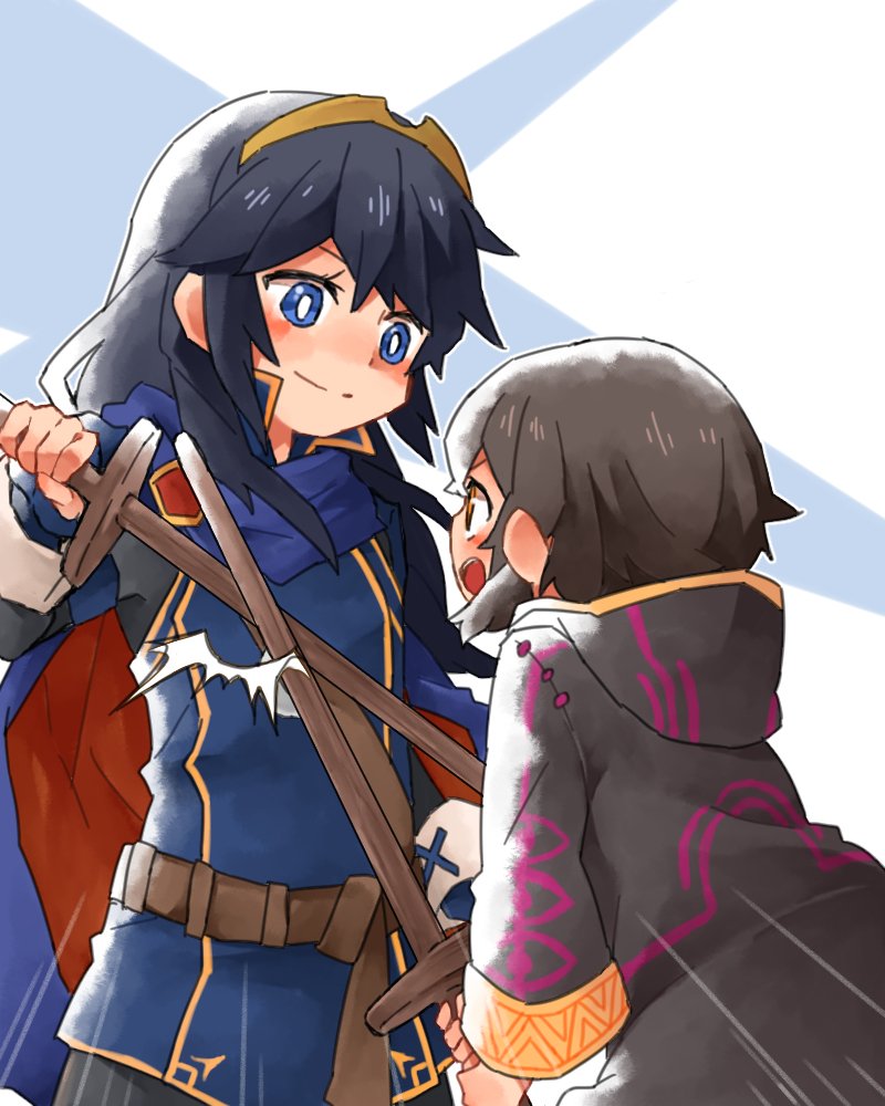 black_hair blue_eyes blue_hair cape closed_mouth commentary_request fire_emblem fire_emblem:_kakusei from_behind holding holding_sword holding_weapon hood hood_down long_hair long_sleeves lucina mark_(female)_(fire_emblem) mark_(fire_emblem) multiple_girls open_mouth robe shunrai simple_background smile sword tiara weapon wooden_sword