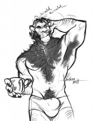 body_hair bulge chest_hair clothing coffee_mug felid furlana_(artist) lion male mammal monochrome pantherine smoking solo underwear