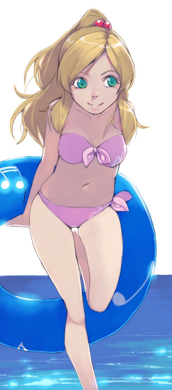akinbo_(hyouka_fuyou) arms_behind_back bikini blonde_hair breasts cleavage collarbone front-tie_bikini front-tie_top green_eyes hair_bobbles hair_ornament high_ponytail highres innertube leg_up long_hair looking_to_the_side medium_breasts minamino_kanade musical_note musical_note_print navel ocean parted_lips pink_bikini precure shiny shiny_hair side-tie_bikini smile solo standing standing_on_one_leg striped striped_bikini suite_precure swimsuit very_long_hair white_background