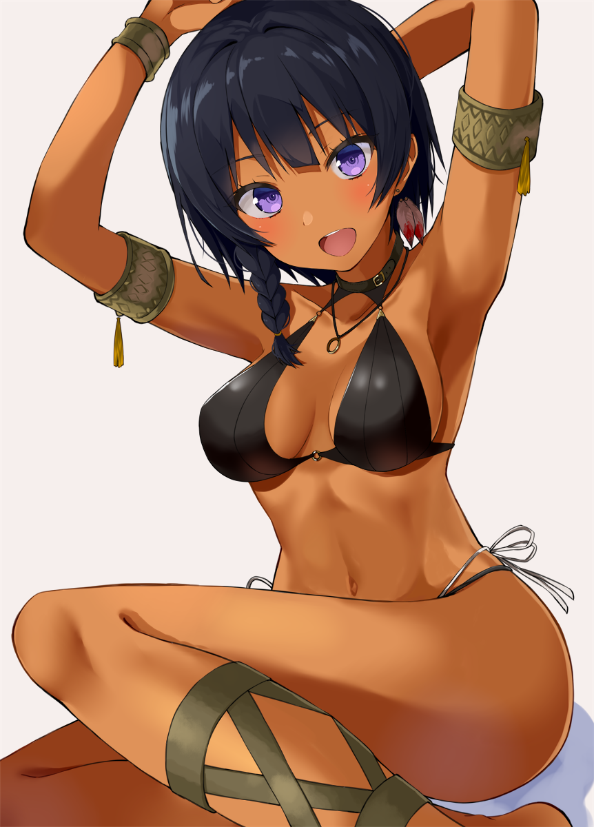 :d armlet armpits arms_behind_head arms_up bangs belt_collar bikini black_bikini black_hair blush bracelet braid commentary_request dark_skin earrings feather_earrings gomashi_(goma) head_tilt highres jewelry layered_bikini leg_garter long_hair looking_at_viewer navel necklace open_mouth original purple_eyes ring_necklace side-tie_bikini simple_background sitting smile solo swimsuit thighs upper_teeth white_background