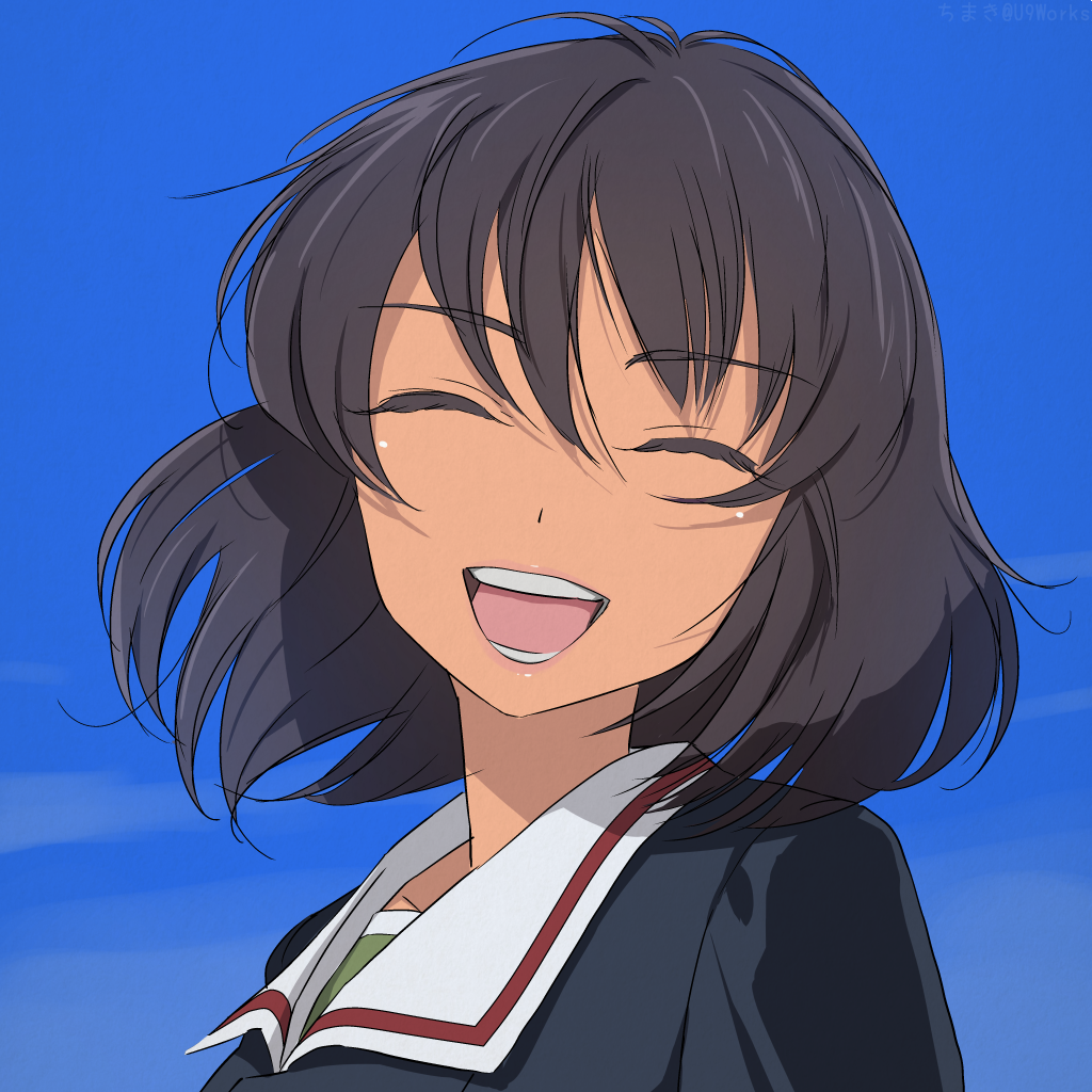 :d akagi_(fmttps) bangs blue_jacket blue_sky brown_hair closed_eyes commentary dark_skin day eyebrows_visible_through_hair facing_viewer girls_und_panzer green_shirt head_tilt hoshino_(girls_und_panzer) jacket lips long_sleeves military military_uniform ooarai_military_uniform open_mouth outdoors portrait shirt short_hair sky smile solo uniform