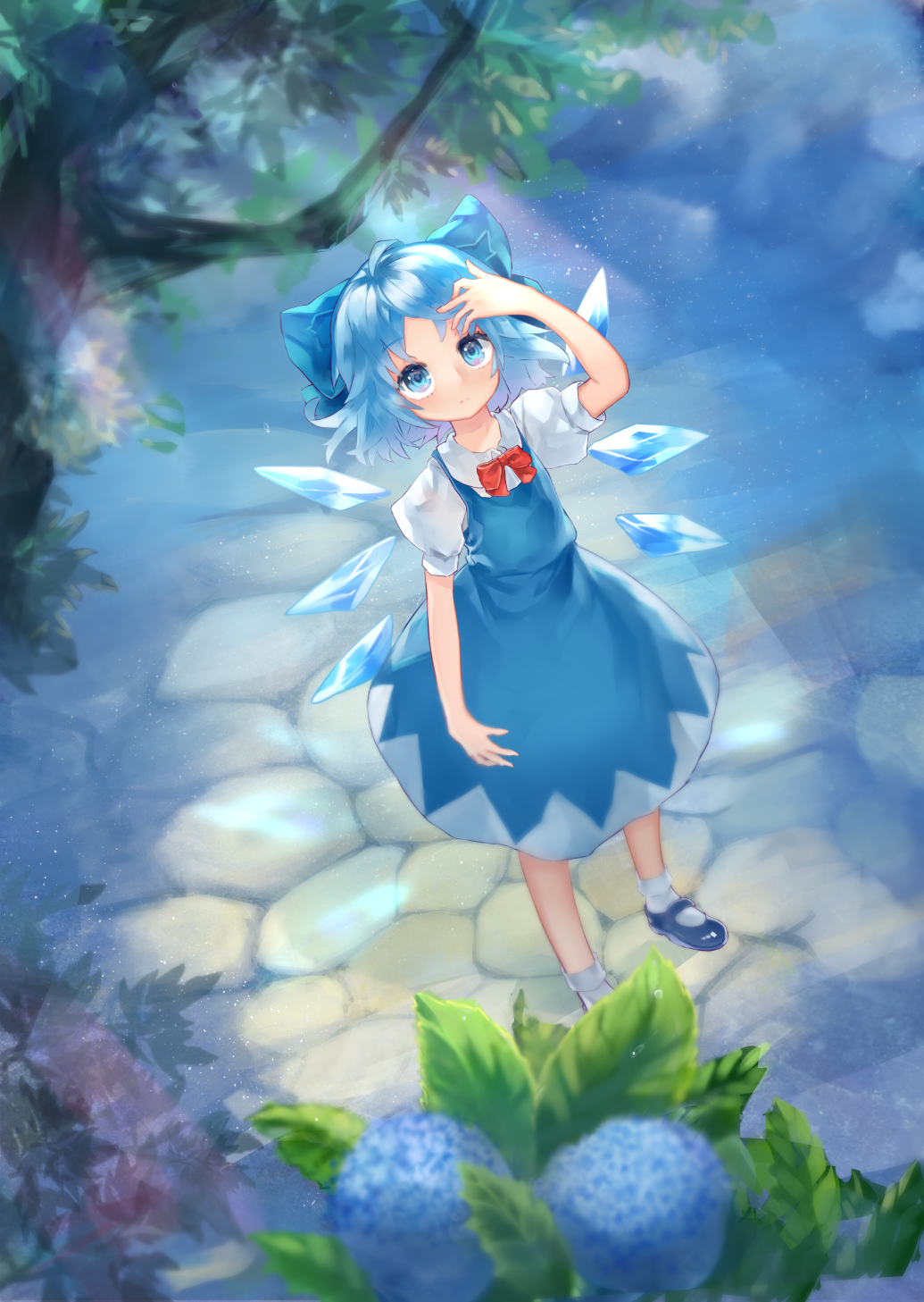 arm_up blue_bow blue_dress blue_eyes blue_footwear blue_hair blue_wings bow bowtie cirno cobblestone commentary day dress flower from_above full_body hair_tucking highres hydrangea ice ice_wings light_particles light_rays looking_up mary_janes puffy_short_sleeves puffy_sleeves red_neckwear shirt shoes short_hair short_sleeves socks solo standing sunbeam sunlight touhou water white_legwear white_shirt wings zhu_xiang