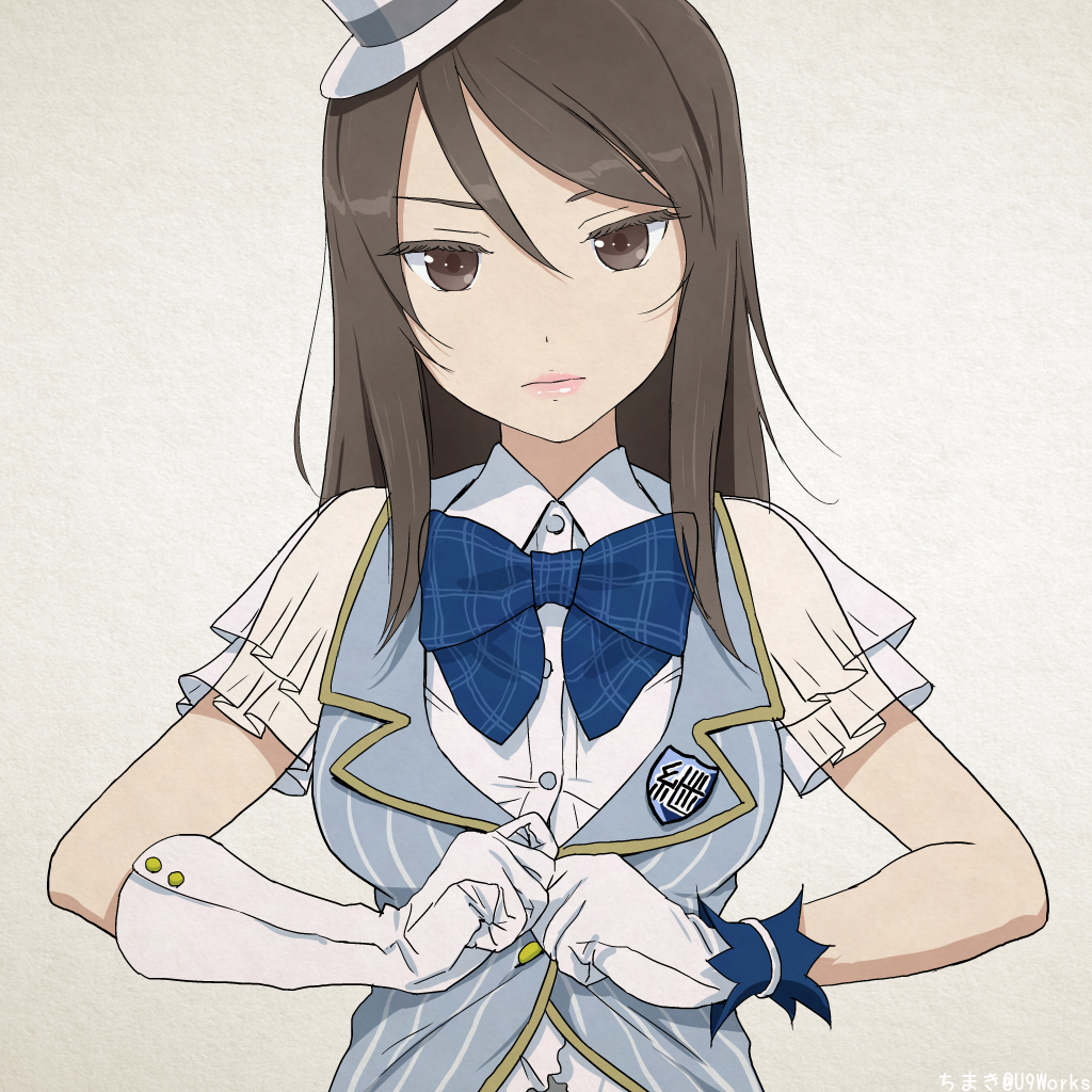 adapted_costume akagi_(fmttps) artist_name bangs blue_neckwear blue_vest bow bowtie brown_eyes brown_hair buttoning closed_mouth commentary_request dress_shirt emblem girls_und_panzer gloves hat idol keizoku_(emblem) light_frown lips mika_(girls_und_panzer) plaid_neckwear see-through shirt short_sleeves solo swept_bangs twitter_username vertical-striped_vest vest white_background white_gloves white_hat white_shirt wing_collar