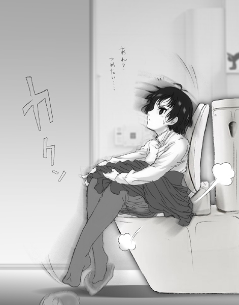 1girl =3 baby_princess bangs blush breasts female full_body greyscale indoors japanese_text lifted_by_self light_blush long_sleeves looking_up monochrome motion_blur motion_lines onakkey pantyhose pantyhose_pull shiny shiny_hair short_hair sitting skirt skirt_lift slippers small_breasts solo sweat toilet toilet_use translation_request