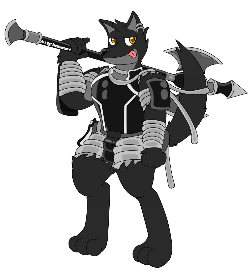 2018 alpha_channel anthro armor axe belt black_hair blade bulge canine clothing digital_media_(artwork) digitigrade ear_piercing english_text fur gun hair male mammal melee_weapon muscular muscular_male notkastar piercing polearm ranged_weapon scarf shiny smile spear text tongue tongue_out trials_in_tainted_space two_tone weapon wolf wrapping