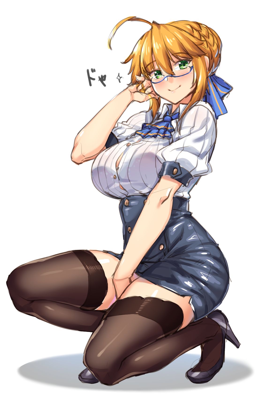 ahoge artoria_pendragon_(all) artoria_pendragon_(lancer) bangs bespectacled between_legs black_legwear blonde_hair blue-framed_eyewear braid breasts collared_shirt commentary_request fate/grand_order fate_(series) french_braid from_side full_body glasses green_eyes hair_between_eyes hand_between_legs highres kneeling large_breasts looking_at_viewer pencil_skirt semi-rimless_eyewear shirokuma_a shirt short_sleeves sidelocks simple_background skirt smile swept_bangs thighhighs white_background zettai_ryouiki
