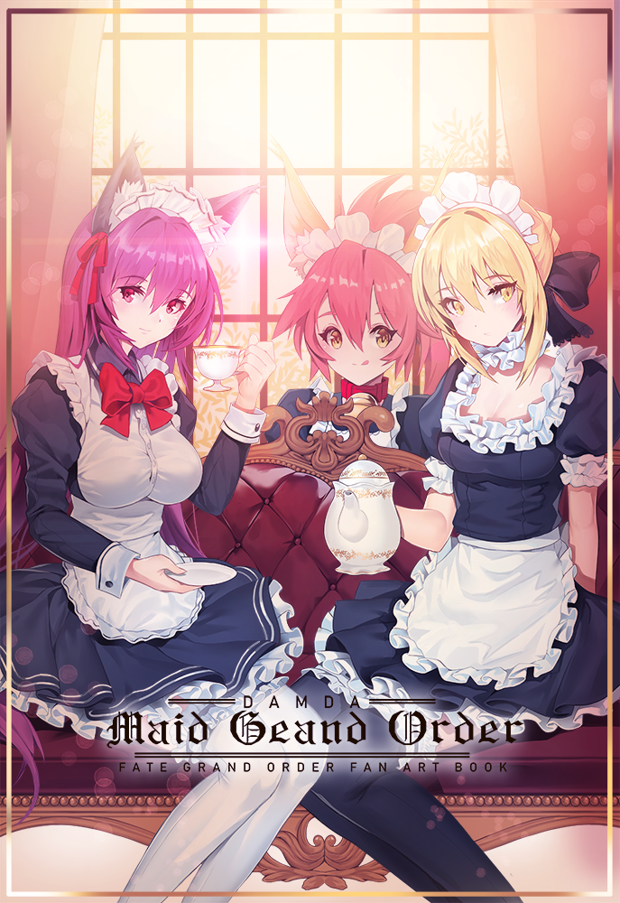 :q alternate_costume animal_ear_fluff animal_ears apron artoria_pendragon_(all) bell black_dress black_legwear blonde_hair breasts collar commentary couch cover cover_page cup curtains damda doujin_cover dress enmaided fate/grand_order fate_(series) fox_ears hair_bun jingle_bell long_hair looking_at_viewer maid maid_apron maid_headdress multiple_girls naked_apron pink_hair puffy_short_sleeves puffy_sleeves purple_hair red_eyes saber_alter saucer scathach_(fate)_(all) scathach_(fate/grand_order) short_sleeves sunlight tamamo_(fate)_(all) tamamo_cat_(fate) teacup teapot tongue tongue_out waist_apron white_legwear window wrist_cuffs yellow_eyes