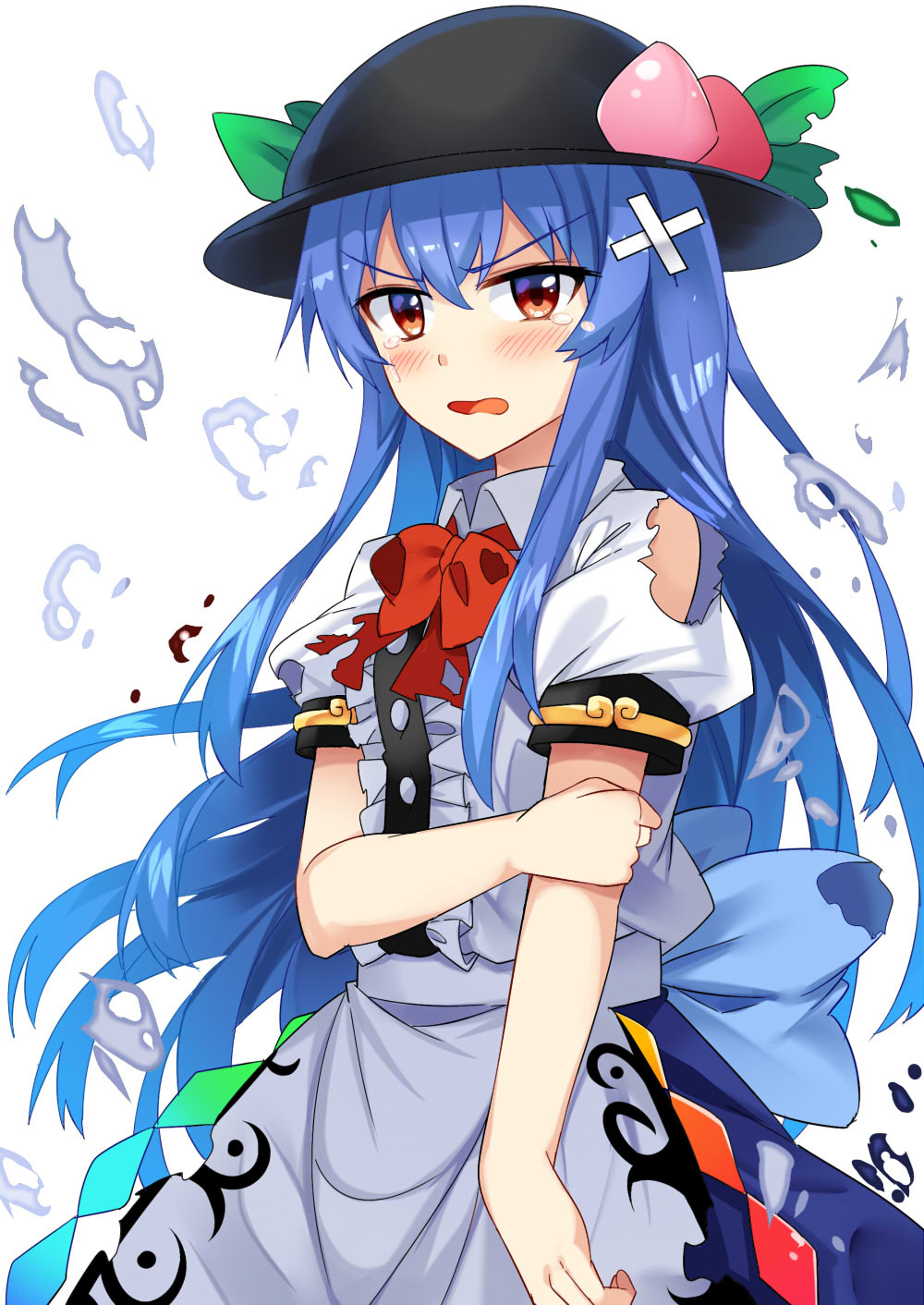 arm_grab bandaid bangs bare_shoulders black_hat blouse blue_hair blue_skirt blush bow bowtie center_frills commentary_request cowboy_shot e.o. eyebrows_visible_through_hair food fruit grabbing_own_arm hair_between_eyes hat highres hinanawi_tenshi leaf long_hair looking_at_viewer open_mouth peach puffy_short_sleeves puffy_sleeves red_bow red_eyes red_neckwear short_sleeves sidelocks simple_background skirt solo tears torn_blouse torn_bow touhou v-shaped_eyebrows very_long_hair white_background white_blouse wing_collar