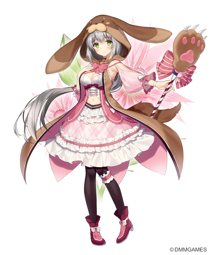 animal_hood black_legwear blush boots bow breasts brown_hood dmm dog_hood dog_tail dress flower flower_knight_girl frilled_dress frills full_body green_eyes grey_hair hand_up hood legband long_hair looking_at_viewer medium_breasts navel necomi official_art pantyhose pink_bow pink_dress pink_footwear serruria_(flower_knight_girl) smile solo standing tail very_long_hair wand white_background