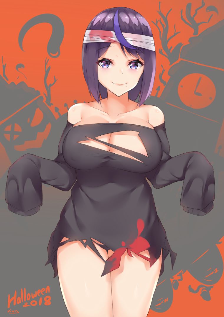 2018 bandages bare_shoulders black_dress black_panties breasts cleavage closed_mouth copyright_request covered_nipples cowboy_shot dress eyebrows_visible_through_hair halloween kuavera large_breasts looking_at_viewer panties purple_eyes purple_hair short_hair signature sleeves_past_fingers sleeves_past_wrists smile solo standing torn_clothes underwear