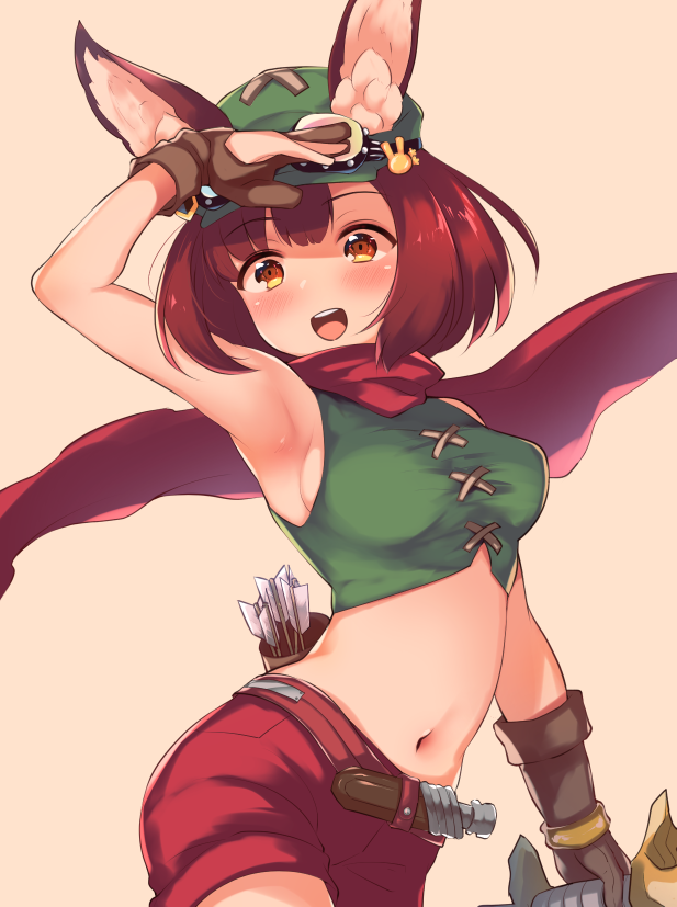 :d animal_ear_fluff animal_ears armpits arrow bangs bare_shoulders black_gloves blush bow_(weapon) breasts bunny_ears bunny_hair_ornament bustier cabbie_hat calm_mashiro cosplay crop_top ears_through_headwear eyebrows_visible_through_hair gloves goggles goggles_on_headwear green_hat green_shirt hair_ornament hat hound_(sekaiju) looking_at_viewer medium_breasts midriff navel open_mouth partly_fingerless_gloves quiver ranger_(sekaiju) ranger_(sekaiju)_(cosplay) red_hair red_scarf red_shorts salute scarf sekaiju_no_meikyuu shirt shorts sideboob smile solo weapon yellow_eyes