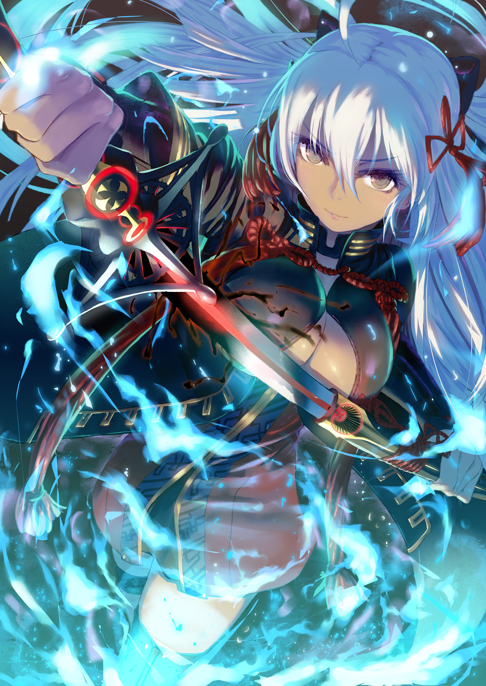 1girl ahoge blue_fire breasts brown_eyes commentary cowboy_shot dark_skin fate/grand_order fate_(series) fire furrowed_eyebrows hair_ornament highres izumo_(user_cmcy2878) katana large_breasts long_hair okita_souji_(alter)_(fate) okita_souji_(fate)_(all) sheath solo sword thigh_strap unsheathing weapon white_hair