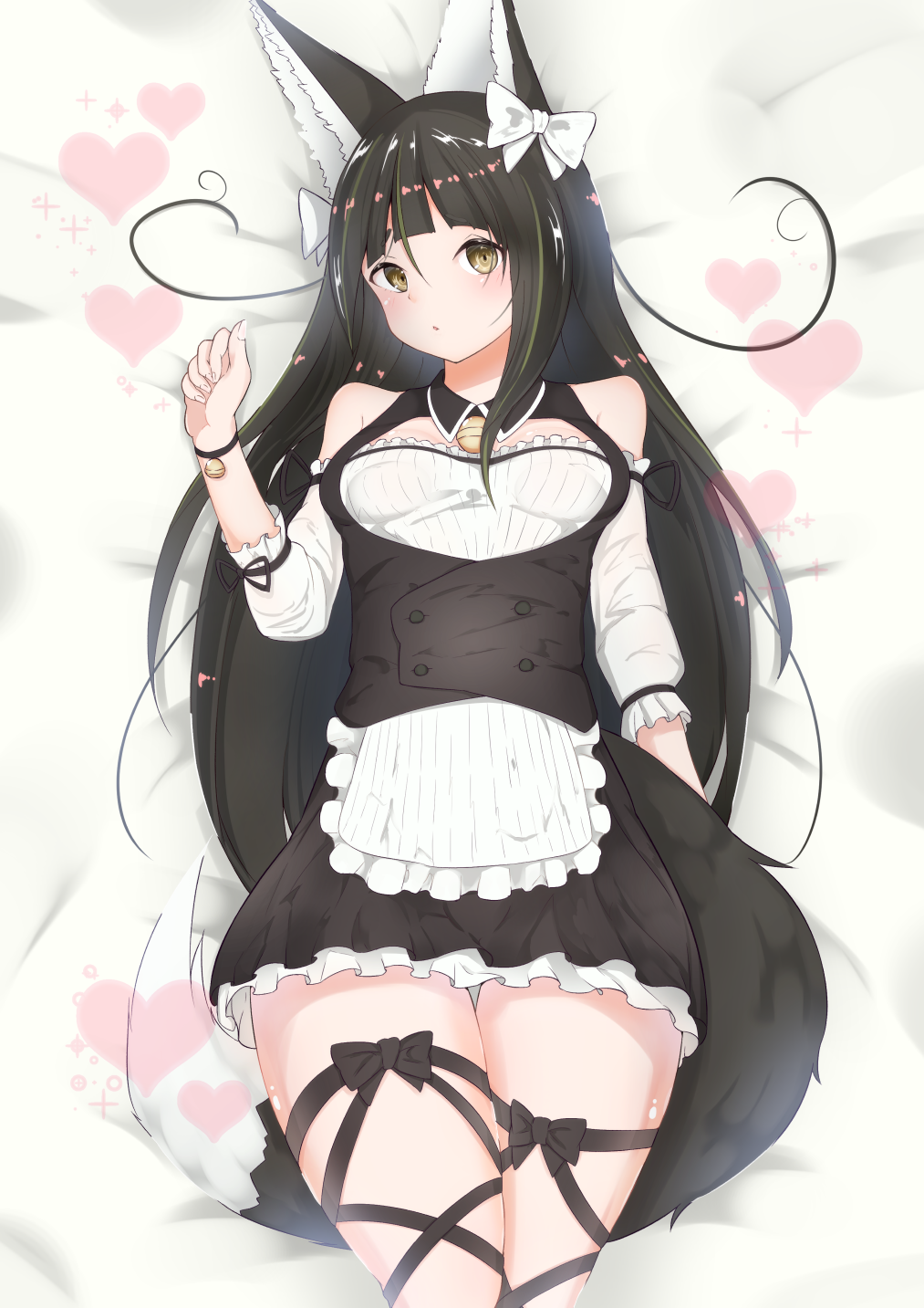 alternate_costume animal_ear_fluff animal_ears apron bangs bare_shoulders bed_sheet bell black_hair black_ribbon blunt_bangs blush bow breasts buttons commentary_request double-breasted dress fox_ears fox_tail frills green_hair hair_between_eyes hair_bow hair_ornament hair_ribbon hand_up heart highres jingle_bell kitsunegasaki_tametsugu_(tenka_hyakken) long_hair looking_at_viewer lying maid_apron medium_breasts multicolored_hair nossan_(mr._riding) on_back ribbon solo streaked_hair tail tenka_hyakken thigh_gap white_apron white_bow white_ribbon wristband yellow_eyes