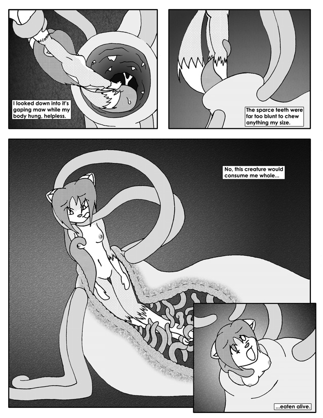 2009 bound breasts comic drugged english_text female foxcat grey_background greyscale hands_tied internal linda_wright monochrome pussy simple_background tentacles terdburgler text vore