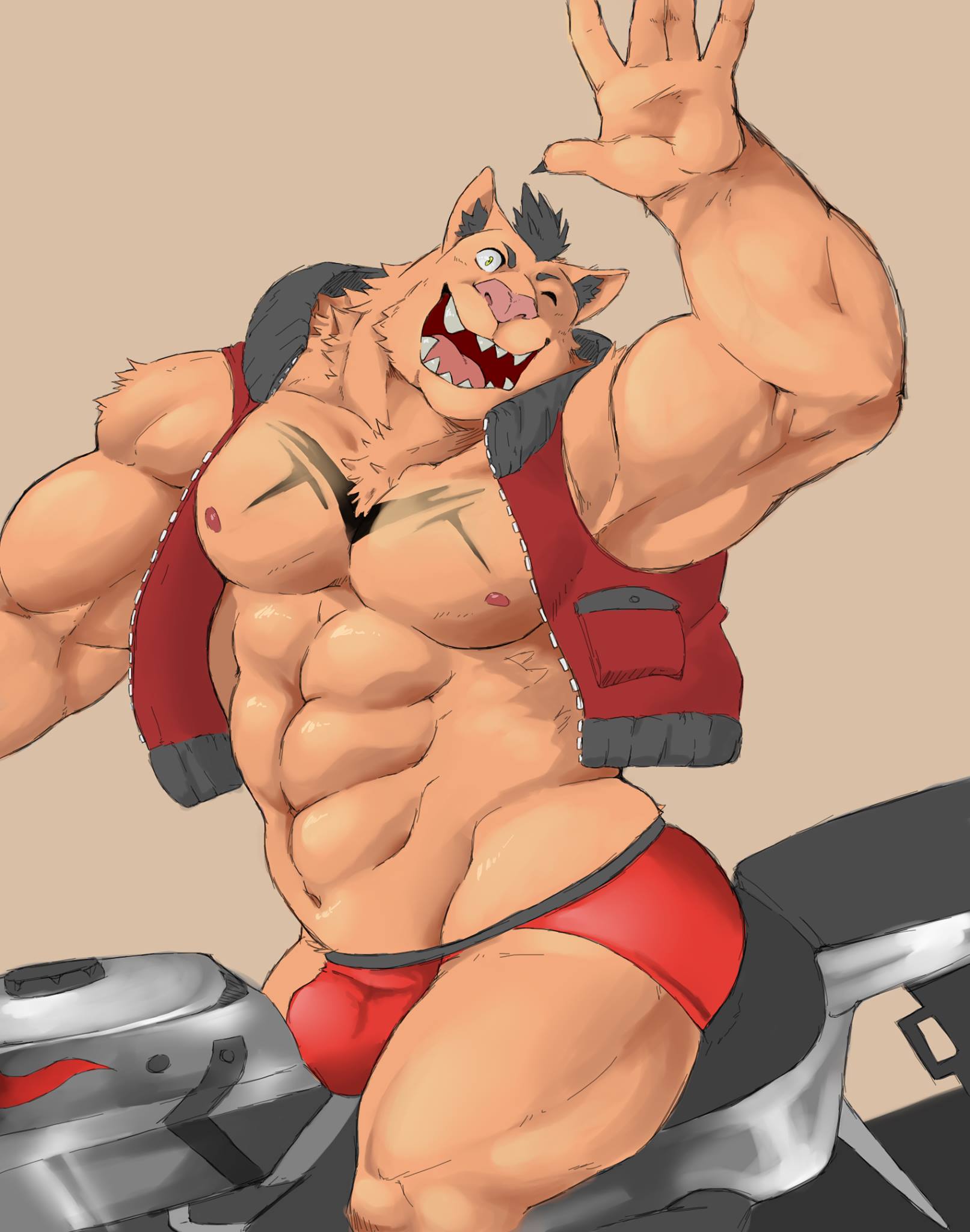 abs biceps bulge clothed clothing feline huge_muscles male mammal muscular muscular_male one_eye_closed open_mouth pecs quads sharp_teeth skimpy smile solo tattoo teeth thedragonred12 wink