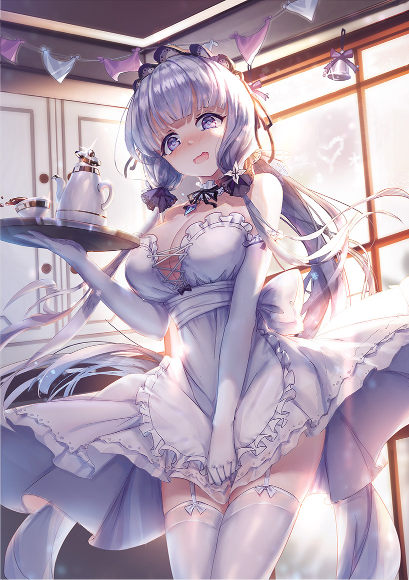 apron azur_lane bangs bare_shoulders blue_eyes blush breasts choker cleavage commentary_request covering covering_crotch cup detached_collar diffraction_spikes dress elbow_gloves eyebrows_visible_through_hair floating_hair frills gloves hair_ornament hair_ribbon holding holding_tray illustrious_(azur_lane) indoors large_breasts long_hair looking_at_viewer maid maid_apron maid_headdress mole mole_under_eye open_mouth ribbon sapphire_(stone) sidelocks smile solo spill teapot thighhighs tray tress_ribbon victorian_maid white_dress white_gloves white_hair xing