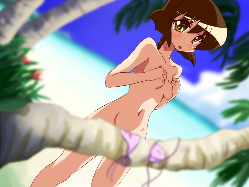 beach bikini bikini_bottom_removed bikini_top_removed borubikku braid branch brown_eyes brown_hair clothes_removed convenient_censoring covering covering_breasts day ichijou navel nude outdoors pani_poni_dash! solo swimsuit swimsuit_removed