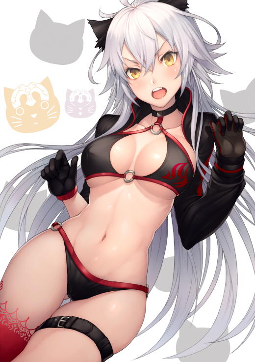 ahoge animal_ears ass_visible_through_thighs bangs banned_artist bikini black_bikini black_choker black_gloves black_jacket blush breasts cat_ears choker cleavage collarbone commentary_request cropped_jacket fate/grand_order fate_(series) gloves hair_between_eyes hips jacket jeanne_d'arc_(alter_swimsuit_berserker) jeanne_d'arc_(fate)_(all) kyoeiki large_breasts long_hair long_sleeves looking_at_viewer navel o-ring o-ring_bikini open_mouth red_legwear shrug_(clothing) silver_hair single_thighhigh solo swimsuit thigh_strap thighhighs thighs very_long_hair white_background yellow_eyes