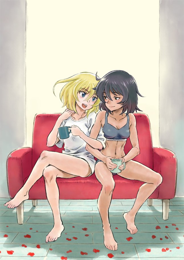 andou_(girls_und_panzer) bangs barefoot black_bra black_hair black_panties blonde_hair blue_eyes bra breasts brown_eyes cleavage commentary_request couch crossed_legs cup dark_skin eyebrows_visible_through_hair girls_und_panzer half-closed_eyes head_tilt holding holding_cup indoors ken-sya legs locked_arms looking_at_another medium_breasts medium_hair messy_hair mug multiple_girls navel no_pants on_couch open_mouth oshida_(girls_und_panzer) panties petals rating shadow shirt short_sleeves sitting smile sports_bra t-shirt toned underwear underwear_only white_shirt yuri