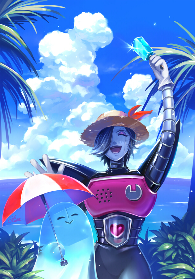 1other arm_up artist_name beach closed_eyes cloud cousins day facing_viewer food ghost gloves hat heart maa_tc mettaton mettaton_ex multiple_others napstablook ocean open_mouth outdoors palm_tree popsicle robot sparkle straw_hat sun_hat tree umbrella undertale white_gloves