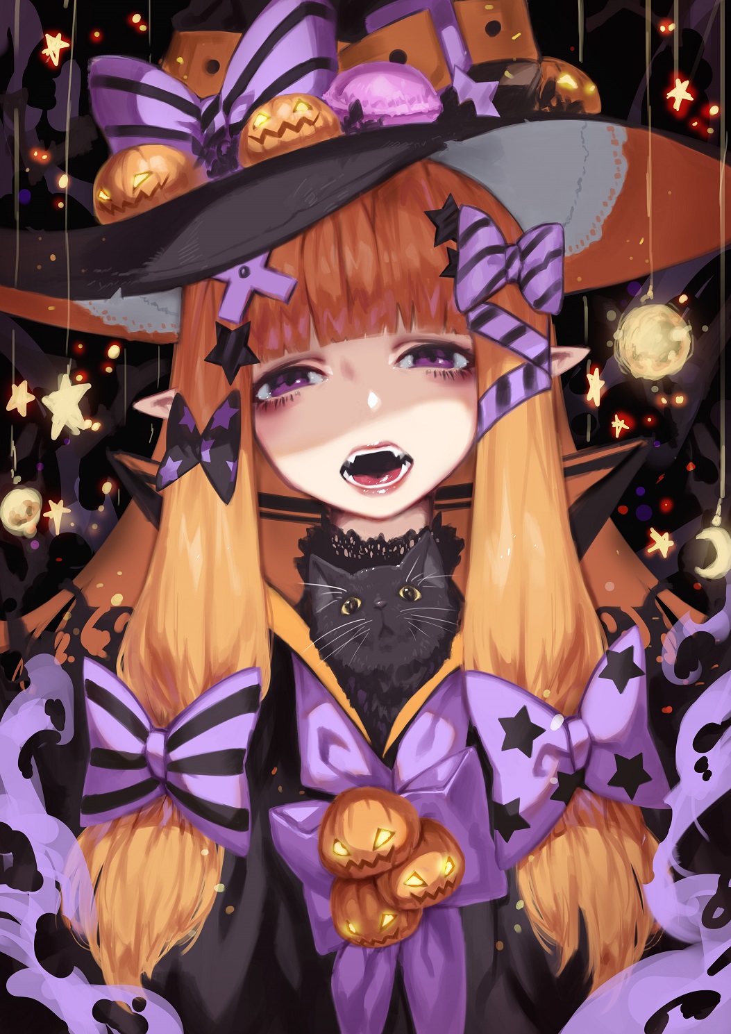 bangs black_bow black_cat black_hat black_stripes blunt_bangs bow cat commentary_request doku-chan_(dokkudokudoku) fangs food half-closed_eyes halloween hat highres horizontal_stripes jack-o'-lantern lips long_hair looking_at_viewer macaron original parted_lips pointy_ears print_bow pumpkin purple_bow purple_eyes solo star star_print striped striped_bow tongue tongue_out
