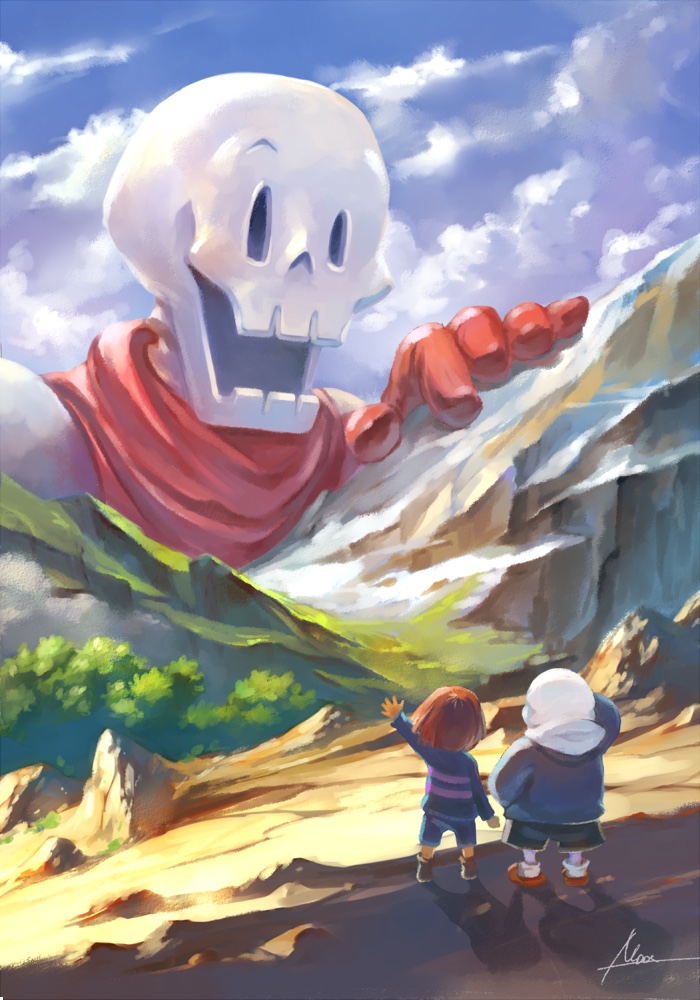 2boys :d artist_name blue_sky brothers cliff cloud day facing_away frisk_(undertale) giant gloves hand_up hood hood_down hoodie looking_at_viewer maa_tc mountain multiple_boys open_mouth outdoors papyrus_(undertale) red_footwear red_gloves sans shirt siblings size_difference sky smile striped striped_shirt tree undertale waving