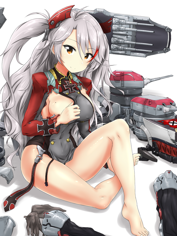 antenna_hair armpit_cutout azur_lane bangs bare_legs blush breasts brown_eyes cannon clothes_tug commentary eyebrows_visible_through_hair footwear_removed gloves gloves_removed hair_between_eyes headgear iron_cross kinpira_gobou large_breasts leotard long_hair long_sleeves looking_at_viewer machinery mole mole_on_breast multicolored_hair necktie necktie_removed pelvic_curtain prinz_eugen_(azur_lane) red_hair rigging silver_hair sitting smile solo strap streaked_hair turret two_side_up very_long_hair