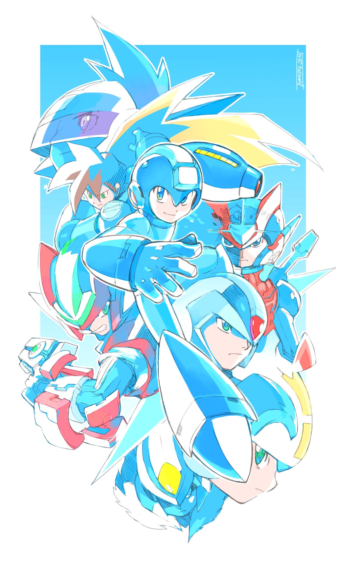 6+boys android arm_cannon bangs blonde_hair blue_eyes border capcom clenched_teeth commentary green_eyes gun helmet highres long_hair male_focus multiple_boys netnavi over-1_(rockman) rockman rockman_(character) rockman_(classic) rockman_exe rockman_exe_(character) rockman_x rockman_xover rockman_zero ryuusei_no_rockman serious signature smile spiked_hair teeth tomycase visor weapon white_border x_(rockman) zero_(rockman)