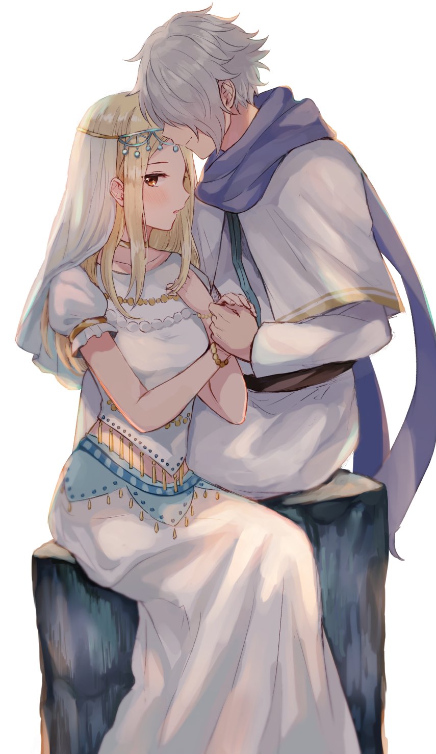 1girl alternate_costume blonde_hair blush bracelet dancer dress gloves hair_over_one_eye highres jewelry kiss long_hair octopath_traveler ophilia_(octopath_traveler) scarf short_hair simple_background therion_(octopath_traveler) veil white_background wspread