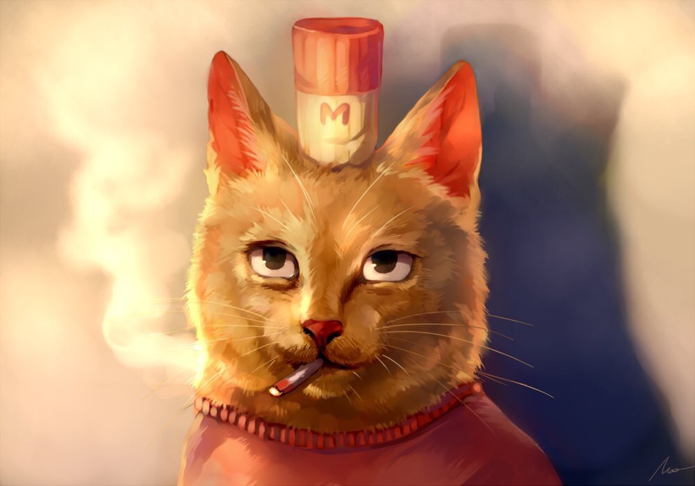 burgerpants cat cat_focus hat looking_at_viewer maa_tc mini_hat no_humans red_shirt shadow shirt simple_background smoking undertale upper_body