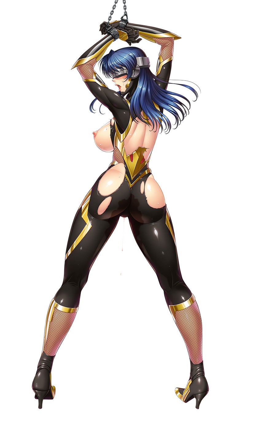 1girl ass blue_hair blush bodysuit bpndage breasts chains covered_eyes curvy female huge_ass large_breasts lilith-soft long_hair looking_back moaning no_bra puffy_nipples pussy_juice shika_asatsuki shiny simple_background solo sweat taimanin_(series) taimanin_asagi taimanin_rpgx weapon white_background zol