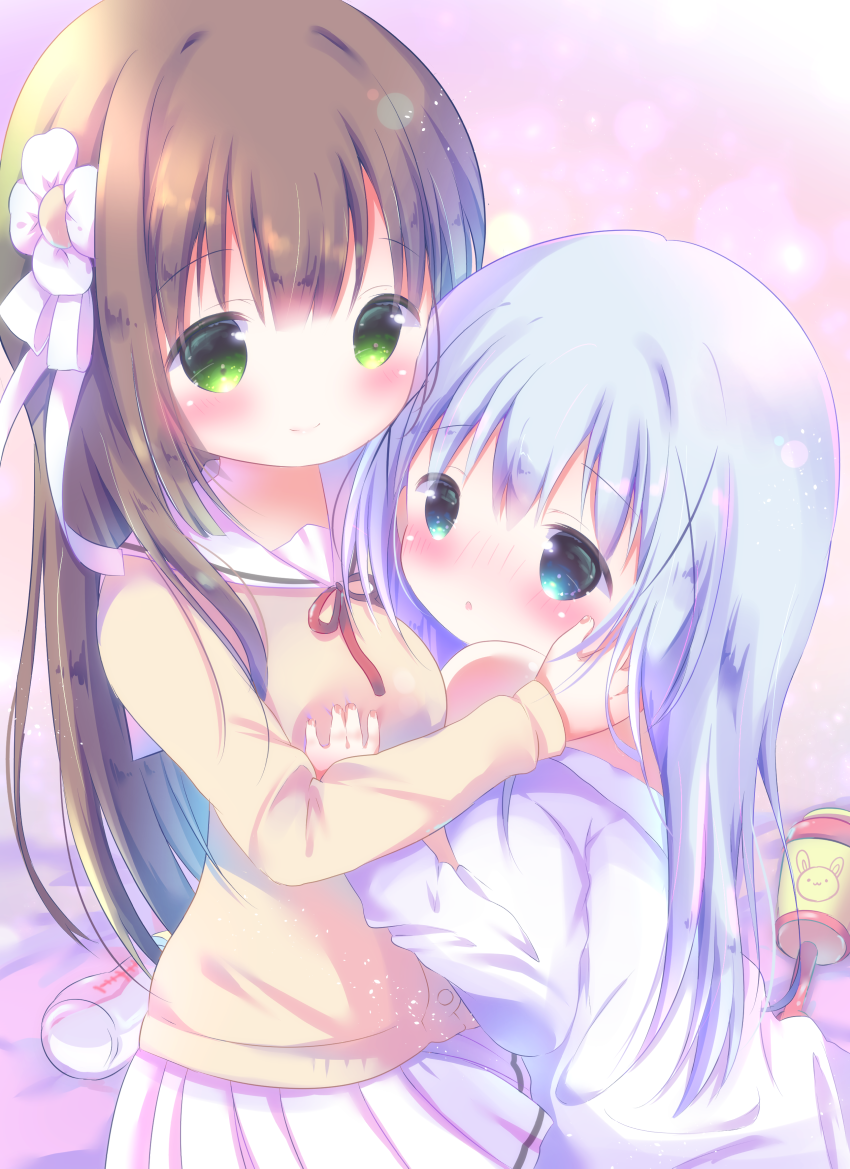 :o baby_bottle bangs blue_eyes blue_hair blue_shirt blush bottle bow breasts brown_hair closed_mouth commentary_request eyebrows_visible_through_hair fingernails flower gochuumon_wa_usagi_desu_ka? green_eyes hair_between_eyes hair_bow hair_flower hair_ornament kafuu_chino long_hair long_sleeves medium_breasts multiple_girls nose_blush parted_lips pleated_skirt rattle rin_(fuwarin) shirt sitting skirt sleeves_past_wrists smile ujimatsu_chiya very_long_hair white_bow white_flower white_skirt x_hair_ornament yellow_shirt