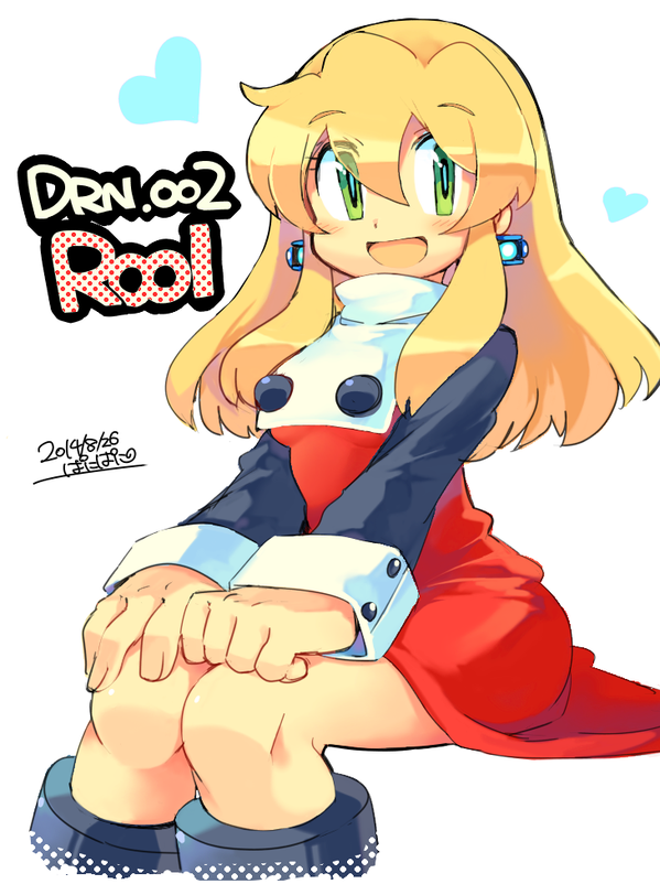 1girl android blonde_hair blush breasts capcom dated dress earrings eyebrows_visible_through_hair green_eyes hair_between_eyes hair_down hands_on_own_knees heart iroyopon jewelry long_hair looking_at_viewer open_mouth red_dress rockman rockman_(classic) rockman_8 roll signature simple_background sitting small_breasts solo turtleneck white_background
