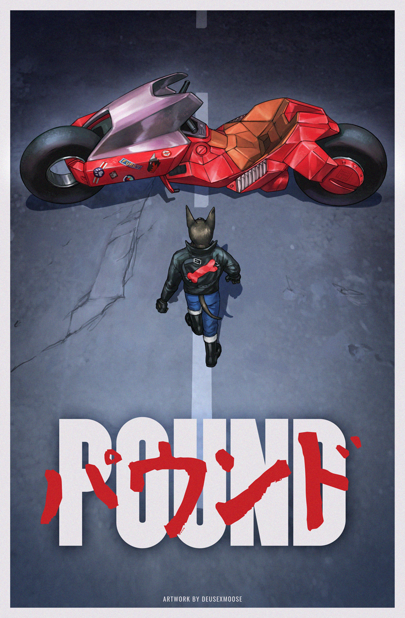2018 akira_(movie) anthro bird's-eye_view black_fur bone boots canine clothed clothing deusexmoose doberman dog english_text footwear fur gloves hi_res high-angle_view jacket japanese_text jeans mammal motorcycle pants parody poster road solo standing text vehicle