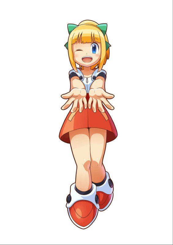 bangs blonde_hair blue_eyes blunt_bangs blush bow child commentary_request dress eyebrows_visible_through_hair full_body hair_bow hair_ornament hi-go! long_hair looking_at_viewer one_eye_closed open_hands open_mouth ponytail red_dress red_footwear ribbon rockman rockman_(classic) rockman_11 roll shoes simple_background smile solo