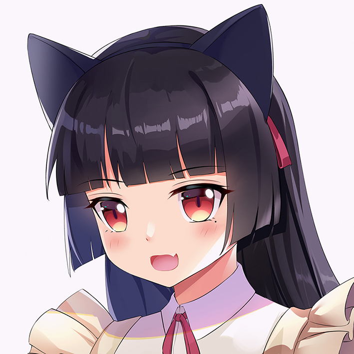 :d animal_ears apron bangs black_hair blunt_bangs cat_ears collared_dress commentary_request eyebrows_visible_through_hair fake_animal_ears fang gokou_ruri grey_background hairband long_hair looking_at_viewer maid_apron mole mole_under_eye open_mouth ore_no_imouto_ga_konna_ni_kawaii_wake_ga_nai portrait red_eyes simple_background smile solo tamaxi wing_collar