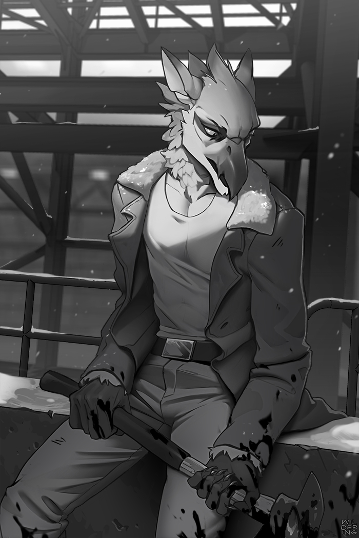 2018 5_fingers anthro avian blood clothed clothing detailed_background digital_media_(artwork) greyscale gryphon holding_object holding_weapon male monochrome weapon wildering