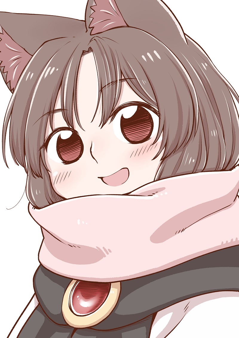 :d animal_ears blush brown_hair enpera eyebrows_visible_through_hair gem imaizumi_kagerou long_hair looking_at_viewer open_mouth poronegi red_eyes scarf simple_background smile solo touhou wolf_ears younger