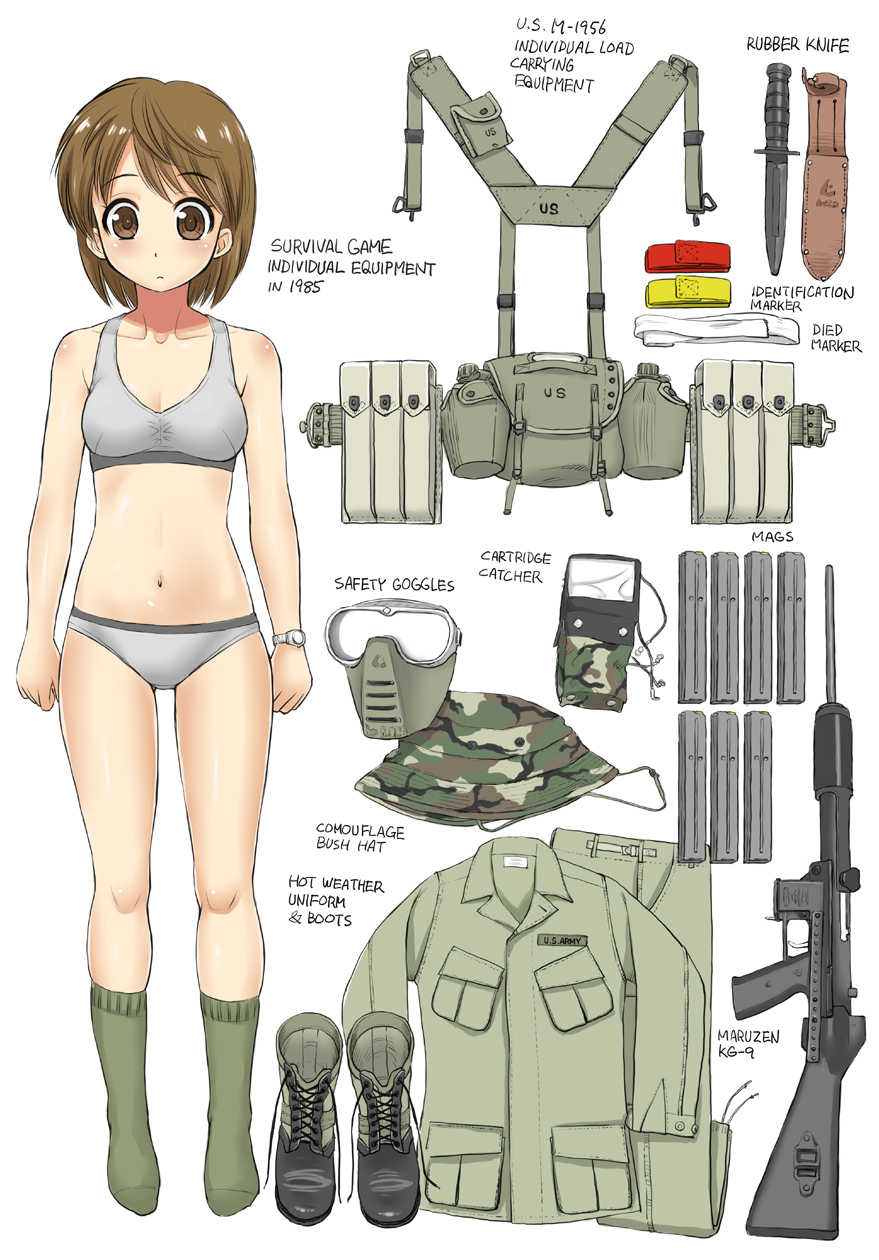 assault_rifle blush boots boots_removed bra breasts brown_eyes brown_gloves brown_hair camouflage closed_mouth clothes_removed commentary_request ebifly english eyebrows_visible_through_hair gloves goggles green_legwear grey_bra grey_panties gun hat highres knife medium_breasts military military_uniform navel original panties pouch rifle short_hair simple_background socks solo standing underwear uniform watch weapon white_background wristwatch