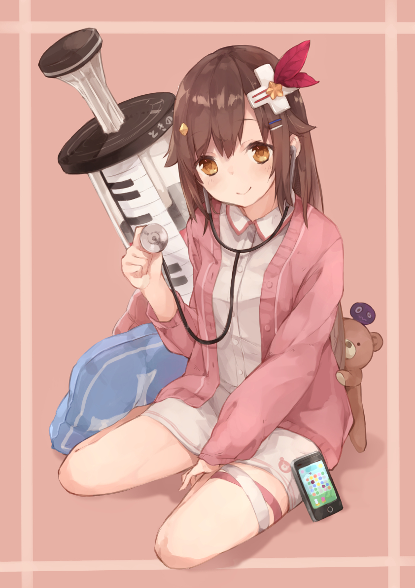 ankimo_(tokino_sora_channel) bandages blush brown_eyes brown_hair cardigan cross_hair_ornament dress feathers hair_feathers hair_ornament kase_(kurimuzone_oruta) long_hair long_sleeves looking_at_viewer nurse open_cardigan open_clothes oversized_object pillow pink_cardigan short_dress sitting_on_ground smile stethoscope stuffed_animal stuffed_toy syringe teddy_bear thighs tokino_sora tokino_sora_channel virtual_youtuber