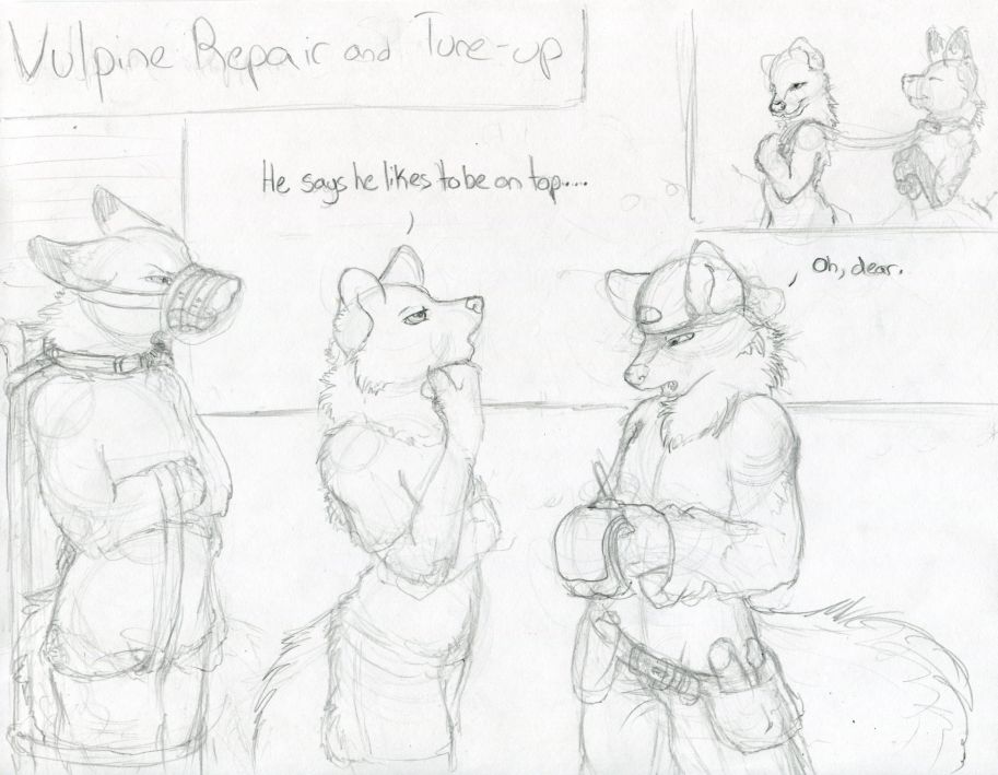 anthro bdsm biped bondage bound canine dialogue dildo english_text female forced fox hat humor invalid_tag male mammal mechanic meme monochrome muzzle_(object) muzzled repair ruaidri sex_toy sketch standing submissive_male text traditional_media_(artwork)