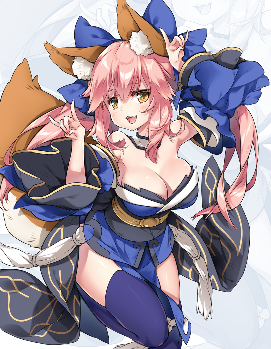animal_ear_fluff animal_ears bikini blue_bikini blue_kimono blue_legwear blue_ribbon breasts cleavage detached_sleeves fang fate/extra fate/extra_ccc fate/grand_order fate_(series) fox_ears fox_girl fox_shadow_puppet fox_tail hair_ribbon japanese_clothes kimono large_breasts looking_at_viewer open_mouth pink_hair reina_(black_spider) ribbon solo swimsuit tail tamamo_(fate)_(all) tamamo_no_mae_(fate) yellow_eyes