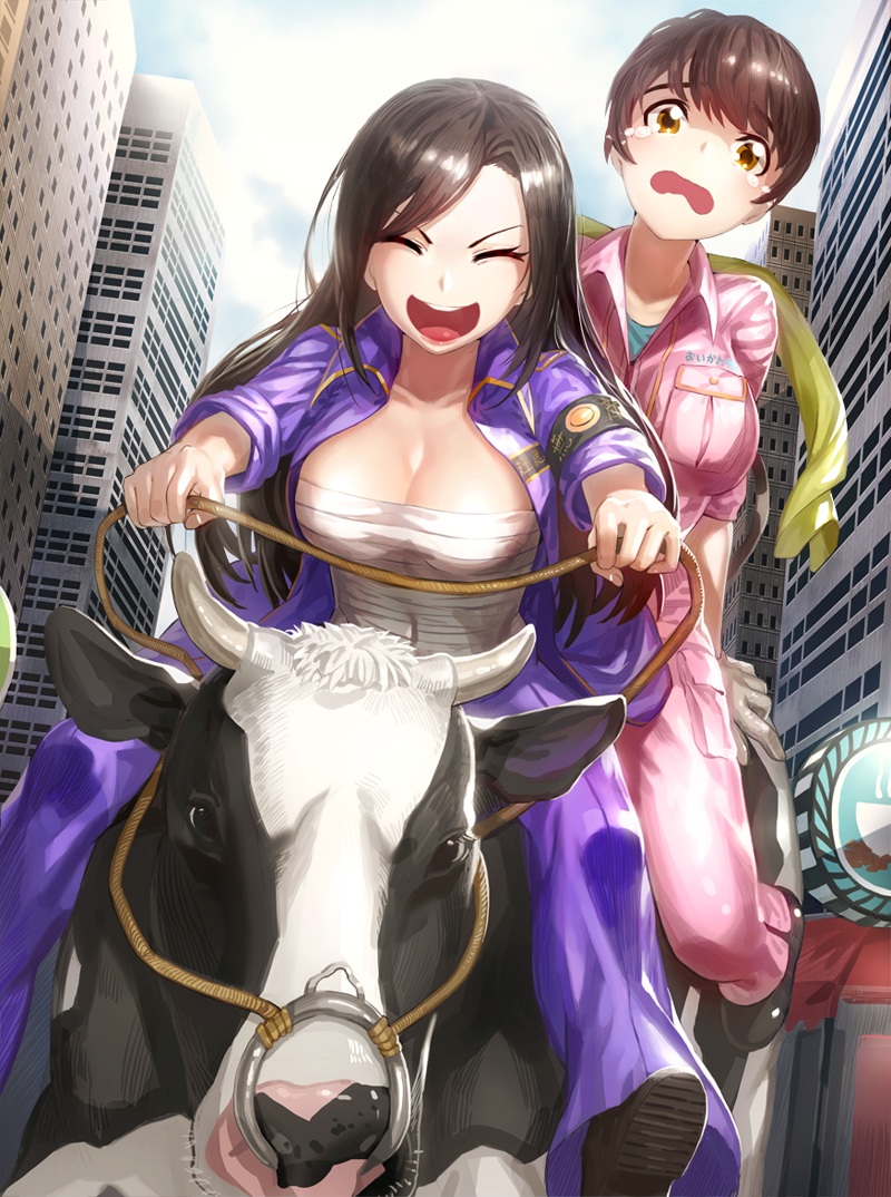 :d animal animal_ears blue_shirt bousouzoku breasts brown_eyes brown_hair building city cityscape cleavage closed_eyes commentary_request cow crying crying_with_eyes_open gloves horns idolmaster idolmaster_cinderella_girls kfr large_breasts long_hair mukai_takumi multiple_girls oikawa_shizuku open_mouth outdoors pants pink_pants pink_shirt riding sarashi shirt short_hair skyline sleeves_rolled_up smile tears wavy_mouth white_gloves