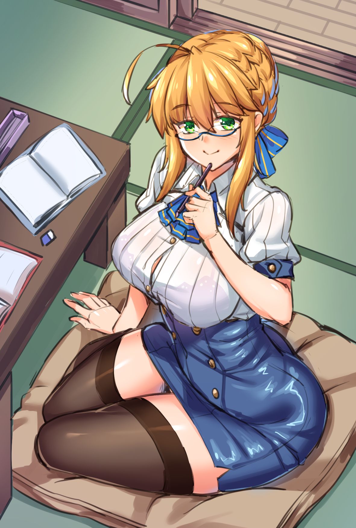 ahoge arm_support artoria_pendragon_(all) artoria_pendragon_(lancer) bangs bespectacled between_legs black_legwear blonde_hair blue-framed_eyewear braid breasts collared_shirt commentary_request cushion fate/grand_order fate_(series) french_braid from_above full_body glasses green_eyes hair_between_eyes highres indoors large_breasts looking_at_viewer pencil_skirt semi-rimless_eyewear shirokuma_a shirt short_sleeves sidelocks sitting skirt smile swept_bangs table tatami thighhighs thighs wooden_floor zettai_ryouiki