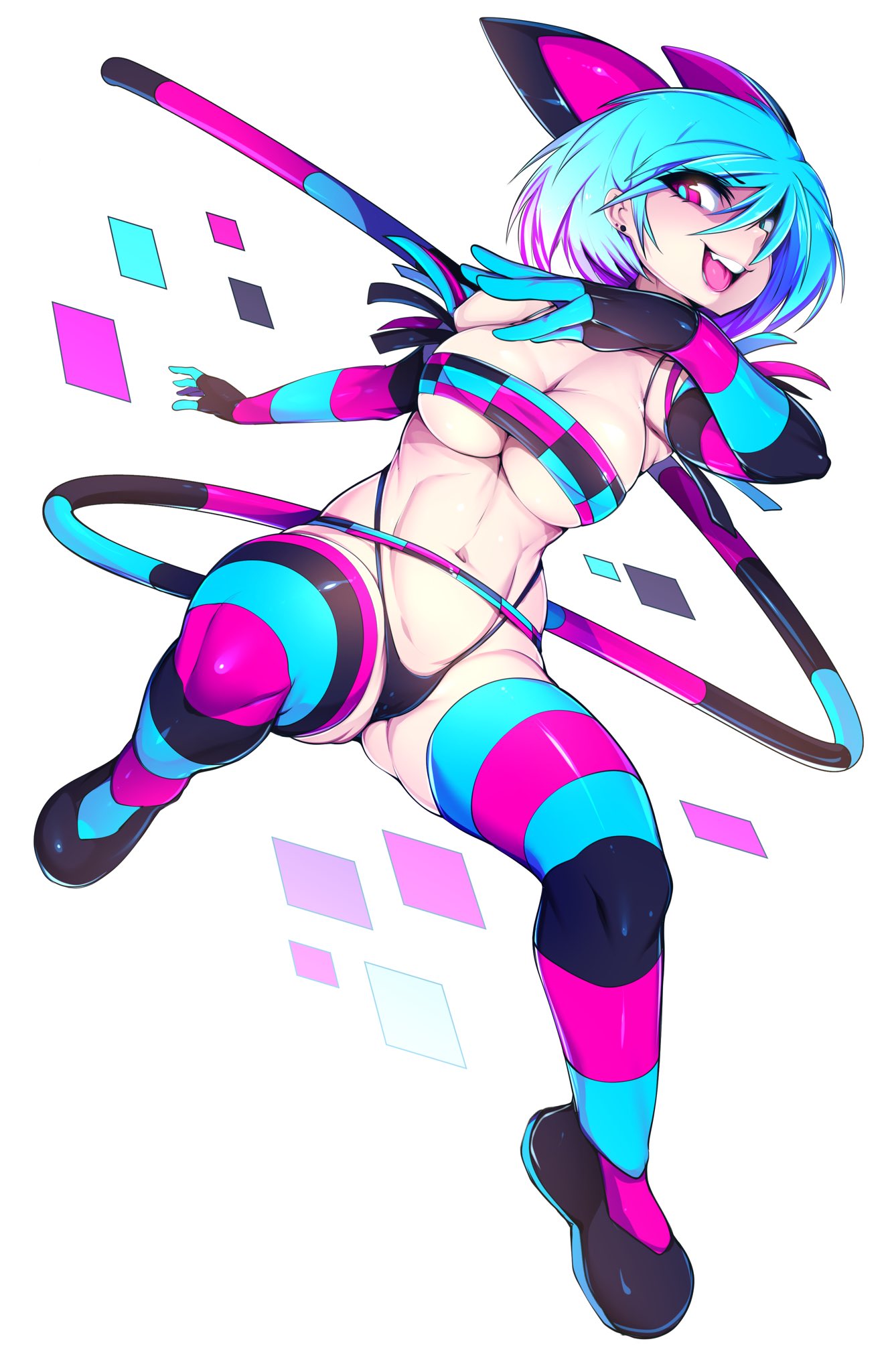 animal_ears black_panties blue_eyes blue_hair breasts earrings elbow_gloves full_body gloves heterochromia highres horizontal_stripes jewelry medium_breasts multicolored multicolored_clothes multicolored_gloves multicolored_legwear navel open_mouth original panties pink_eyes short_hair simple_background slugbox smile solo striped striped_gloves striped_legwear striped_tail tail teeth underwear vomi_agogo white_background