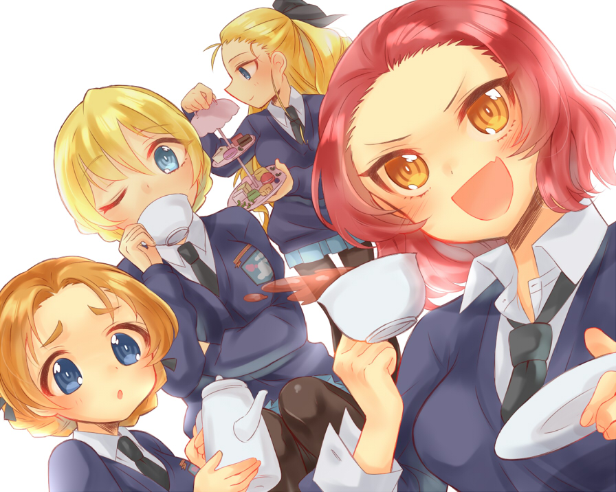:d :o arm_grab assam bangs black_bow black_legwear black_neckwear black_ribbon blonde_hair blue_eyes blue_skirt blue_sweater bow braid brown_eyes closed_mouth commentary cup darjeeling desert dress_shirt drinking dutch_angle emblem eyebrows_visible_through_hair fang food girls_und_panzer hair_bow hair_pulled_back hair_ribbon holding holding_cup holding_teapot kumasawa_(dkdkr) long_hair long_sleeves looking_at_viewer macaron miniskirt multiple_girls necktie one_eye_closed open_mouth orange_pekoe pantyhose pleated_skirt pouring red_hair ribbon rosehip saucer school_uniform shirt short_hair simple_background sitting skirt smile spill st._gloriana's_(emblem) st._gloriana's_school_uniform standing sweater tea teacup teapot tied_hair tiered_tray twin_braids v-neck v-shaped_eyebrows white_background white_shirt wing_collar